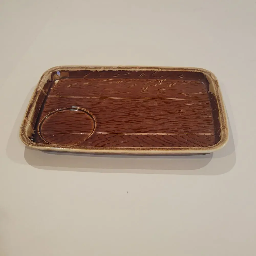 Vintage Brown Ceramic Tray Plate with cut for Cup Holder Made in USA